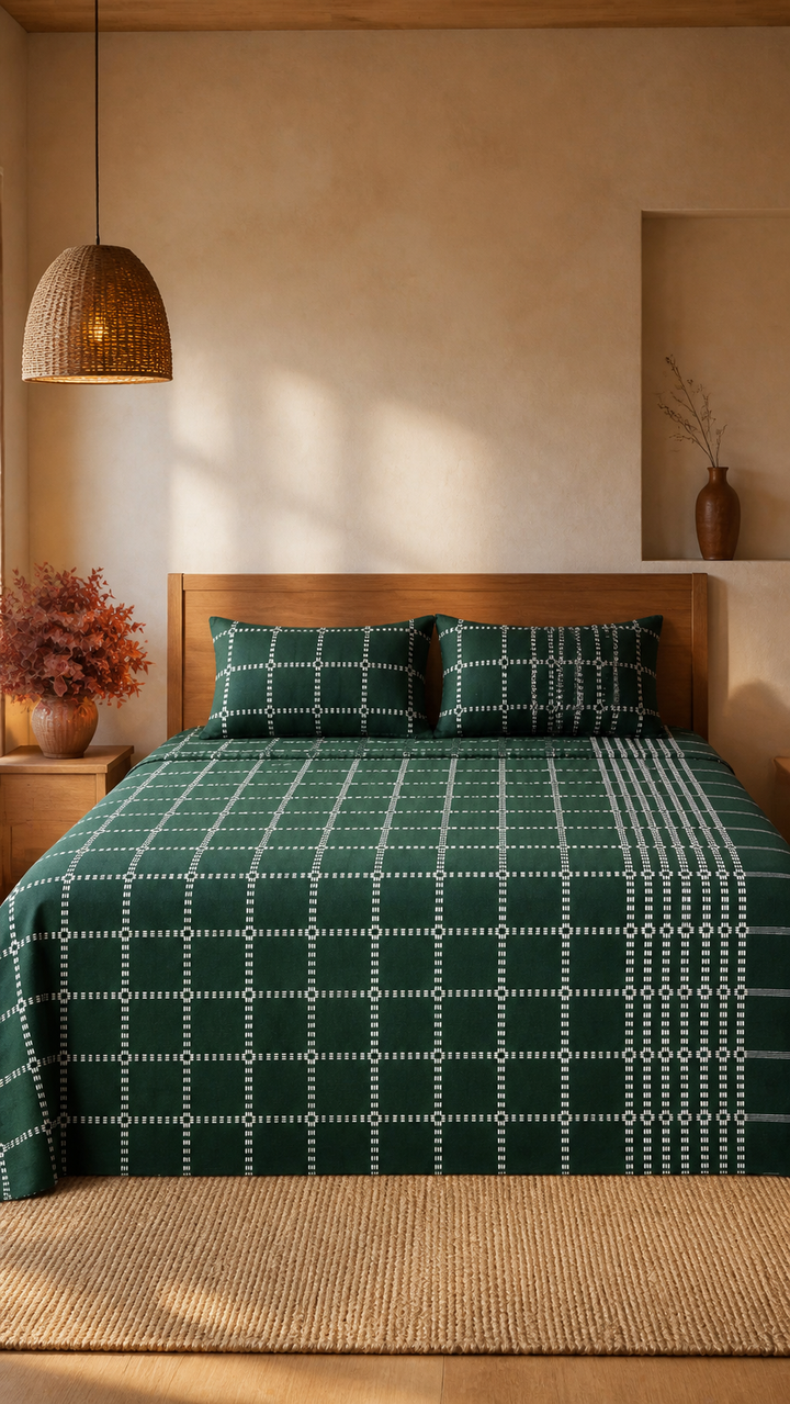 Button Star Chennimalai Bedsheet - Dark green — Warm-room styling view