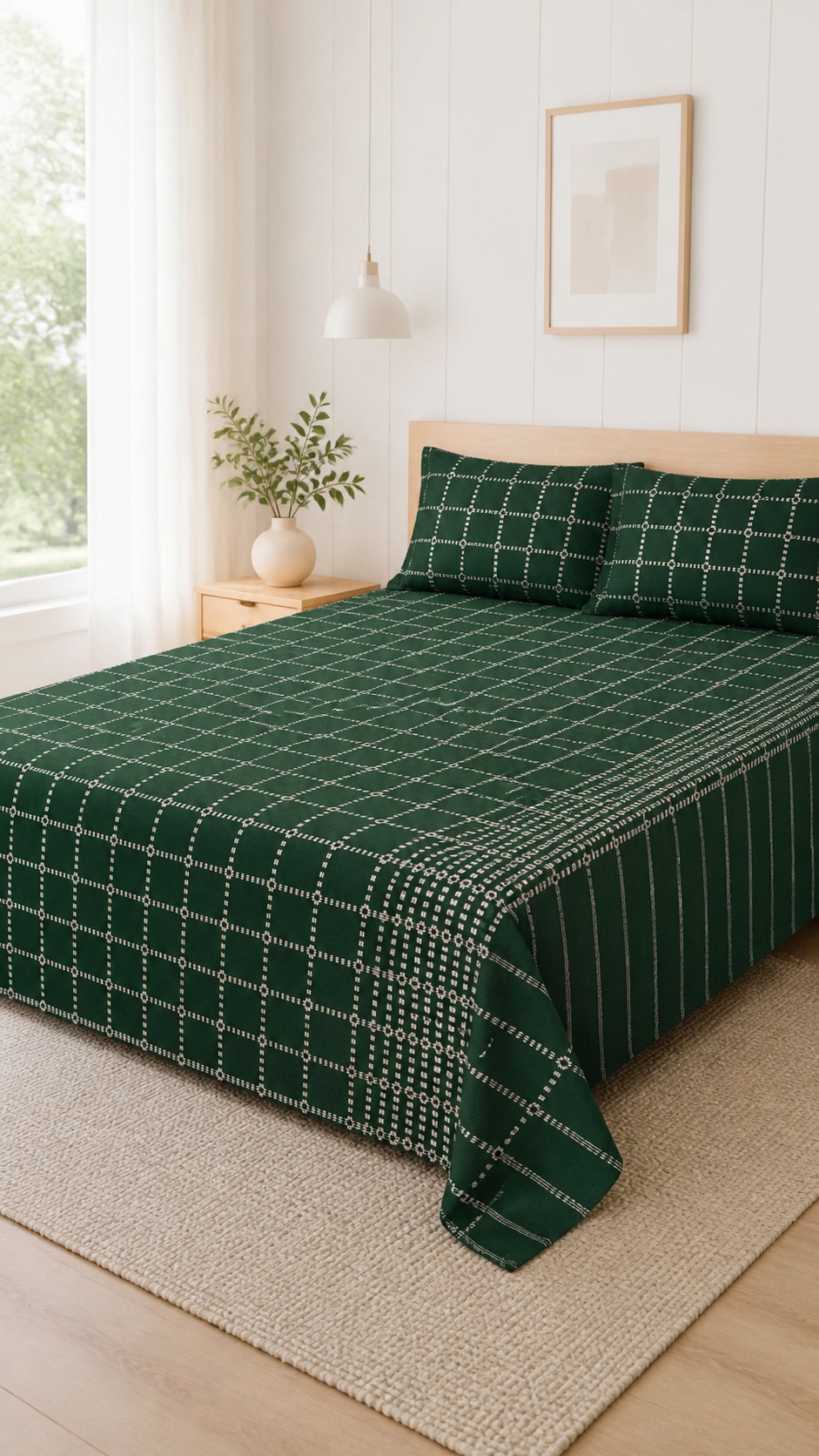 Button Star Chennimalai Bedsheet - Dark green — Bright-room styling view