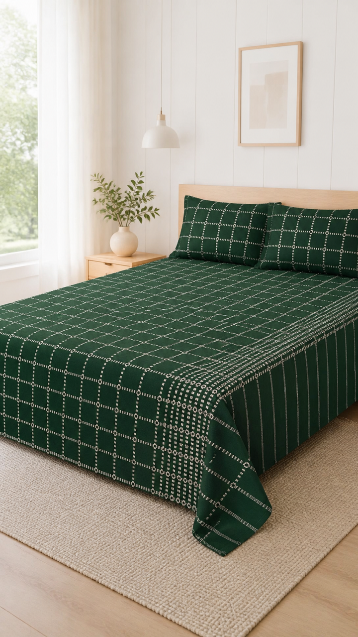 Button Star Chennimalai Bedsheet - Dark green — Bright-room styling view