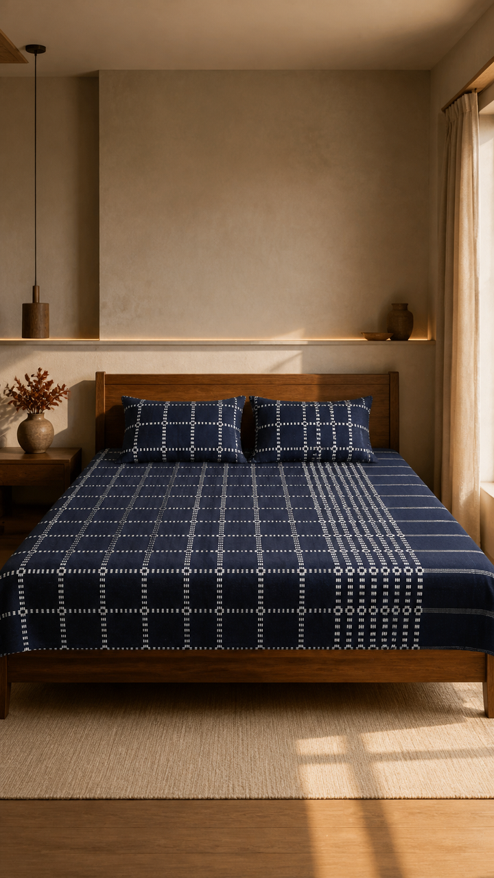 Button Star Chennimalai Bedsheet - Navy blue — Warm-room styling view