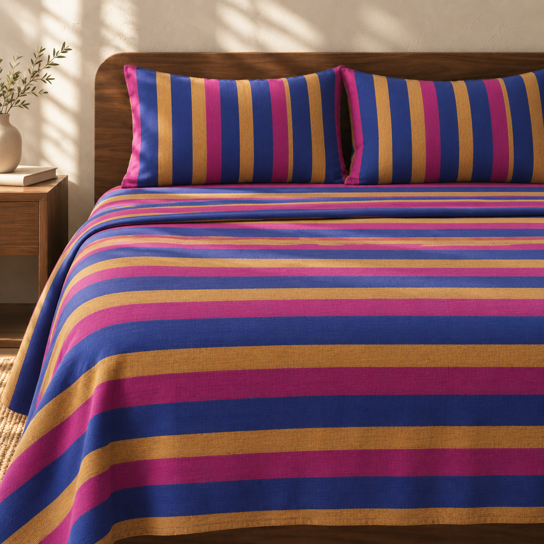 Chennimalai King Size Bedspread Classic Blue & Pink with matching pillow covers, square bedroom photograph