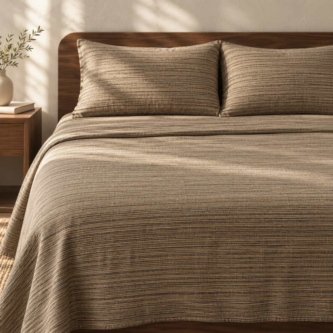 Chennimalai King Size Bedspread Coffee Brown Textured with matching pillow covers, square bedroom photograph