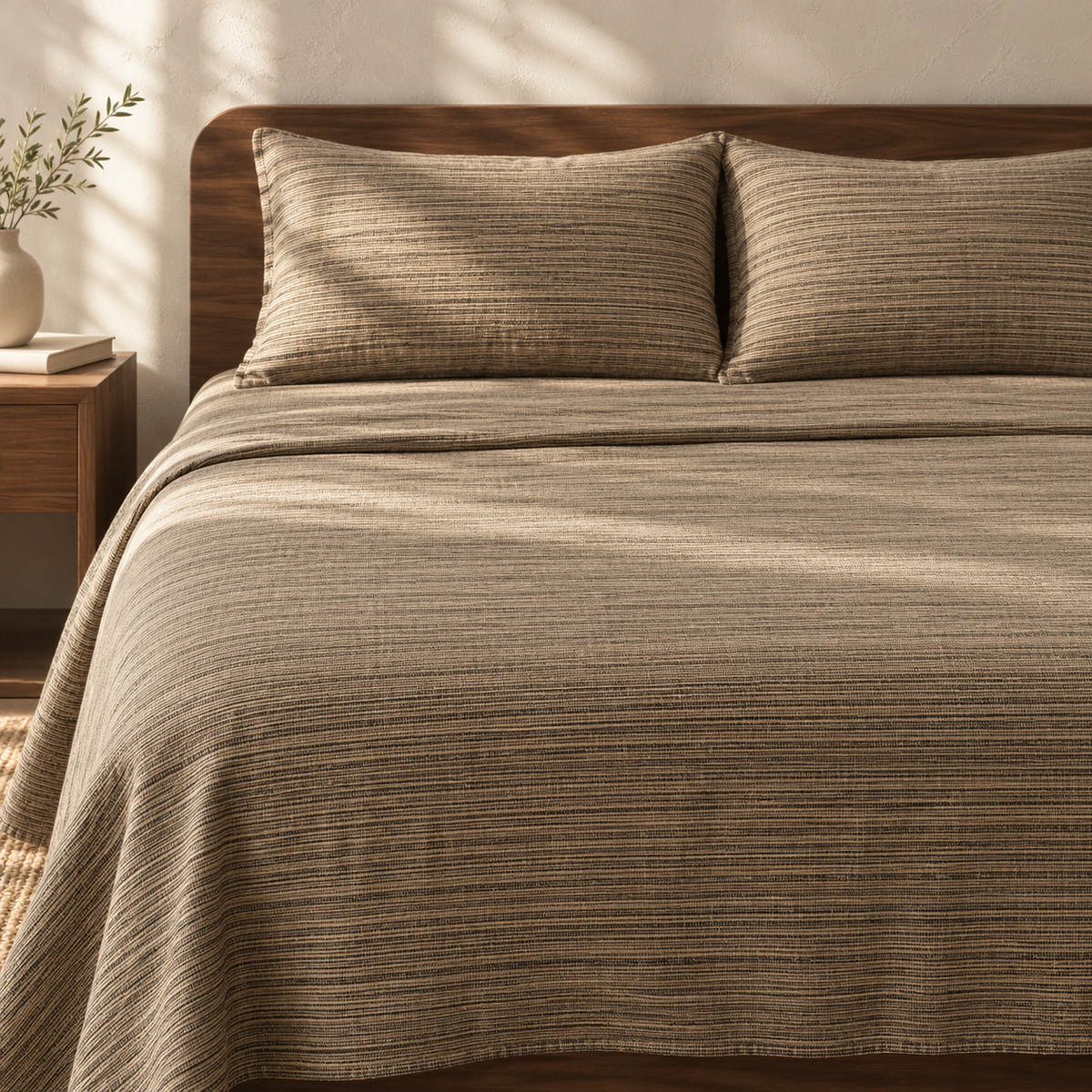 Chennimalai King Size Bedspread Coffee Brown Textured with matching pillow covers, square bedroom photograph