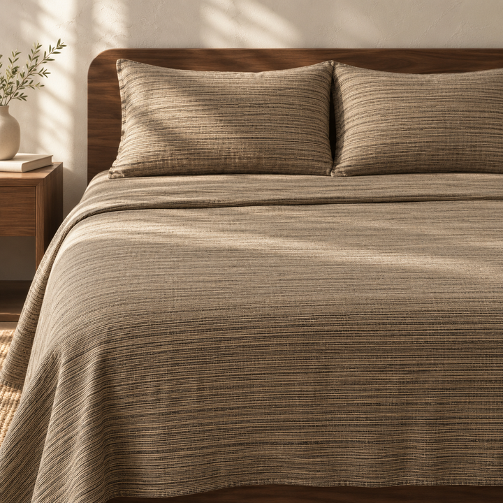 Chennimalai King Size Bedspread Coffee Brown Textured with matching pillow covers, square bedroom photograph