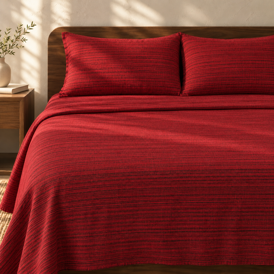 Chennimalai King Size Bedspread Maroon Textured with matching pillow covers, square bedroom photograph