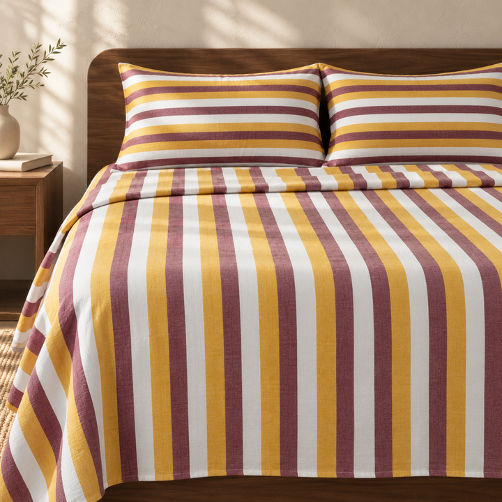 Chennimalai King Size Bedspread Mustard and Maroon with matching pillow covers, square bedroom photograph