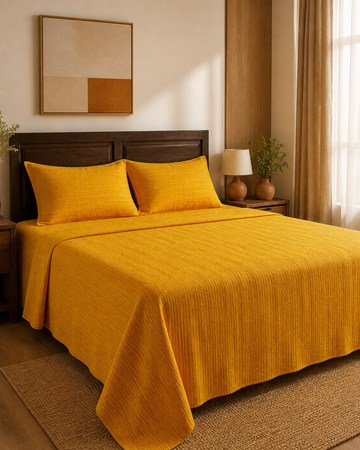 Chennimalai King Size Bedspread Mustard Yellow Textured — Warm-room styling view