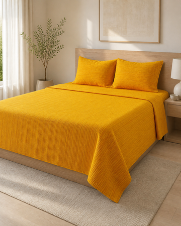 Chennimalai King Size Bedspread Mustard Yellow Textured — Bright-room styling view
