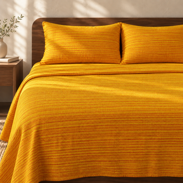 Chennimalai King Size Bedspread Mustard Yellow Textured with matching pillow covers, square bedroom photograph