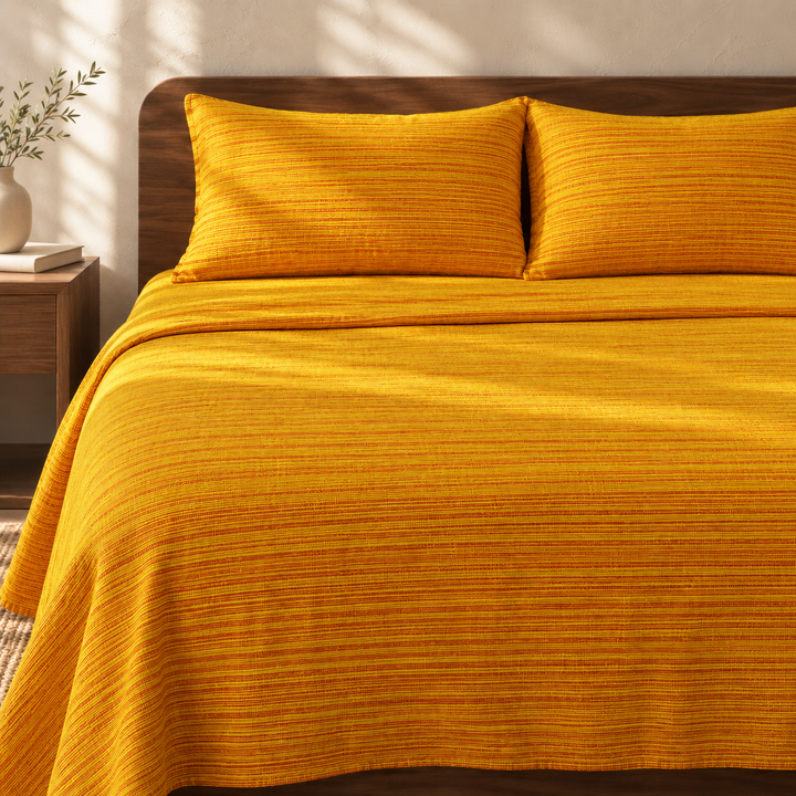 Chennimalai King Size Bedspread Mustard Yellow Textured with matching pillow covers, square bedroom photograph