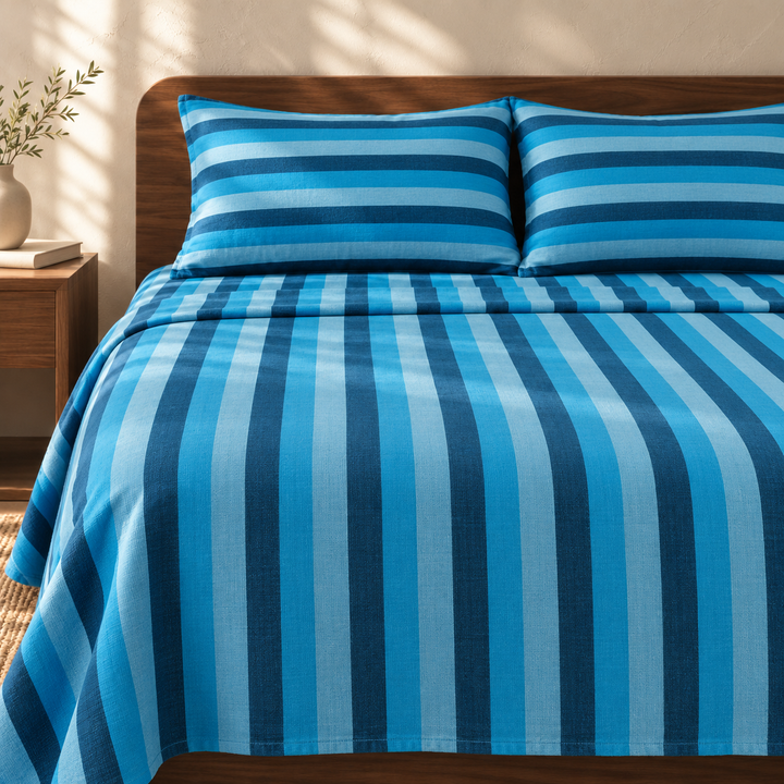 Chennimalai King Size Bedspread Ocean Blue Striped with matching pillow covers, square bedroom photograph