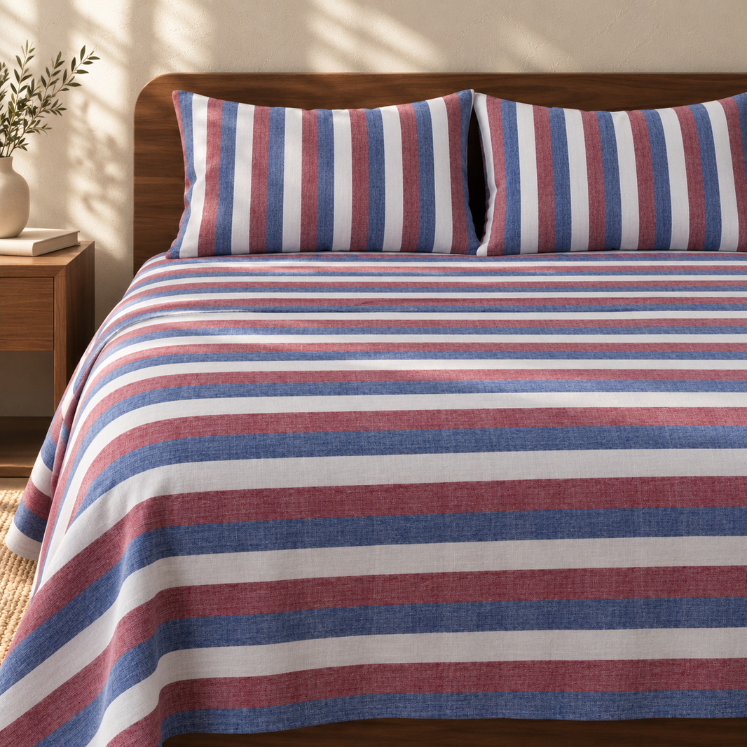 Chennimalai King Size Bedspread Red and Blue with matching pillow covers, square bedroom photograph