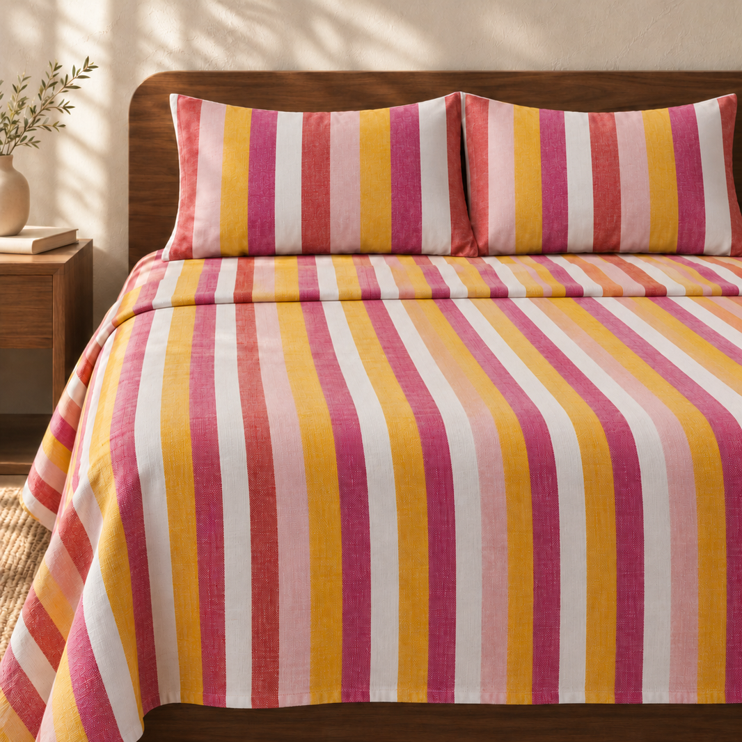 Chennimalai King Size Bedspread Red and Yellow with matching pillow covers, square bedroom photograph