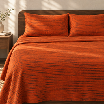 Chennimalai King Size Bedspread Rustic Orange Textured with matching pillow covers, square bedroom photograph