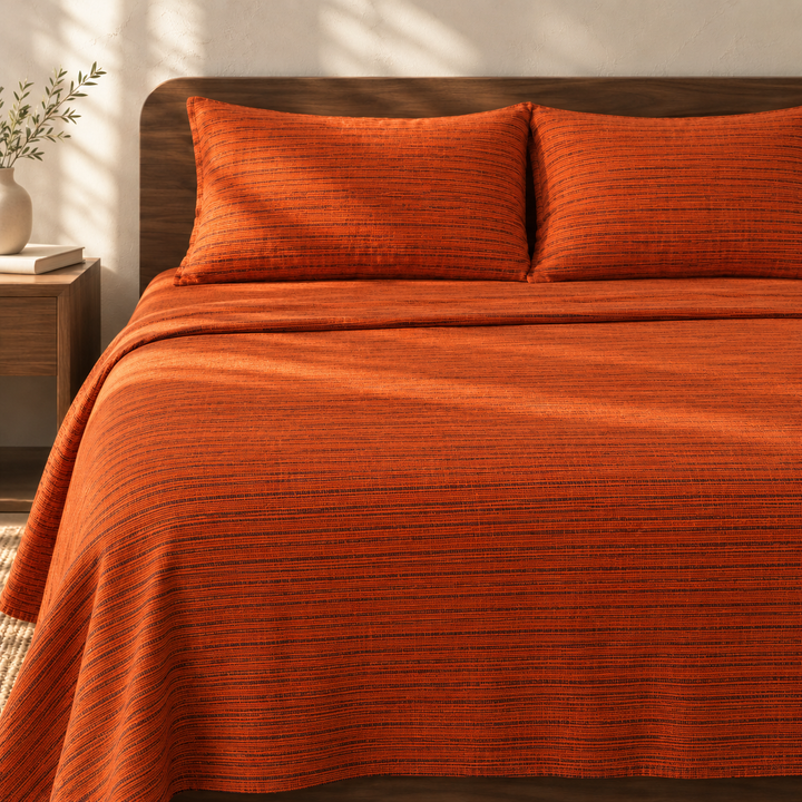 Chennimalai King Size Bedspread Rustic Orange Textured with matching pillow covers, square bedroom photograph