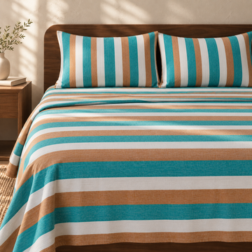 Chennimalai King Size Bedspread Teal and Brown Striped with matching pillow covers, square bedroom photograph