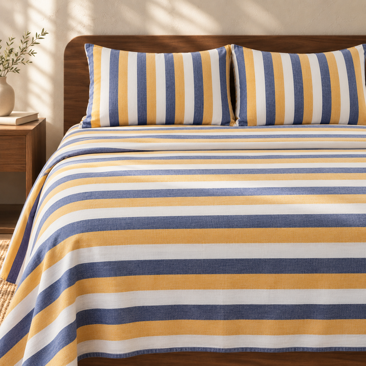 Chennimalai King Size Bedspread Coastal Stripe with matching pillow covers, square bedroom photograph