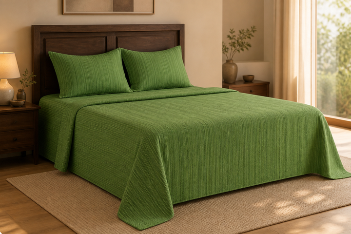 Chennimalai King Size Bedspread Green Textured — Warm-room styling view