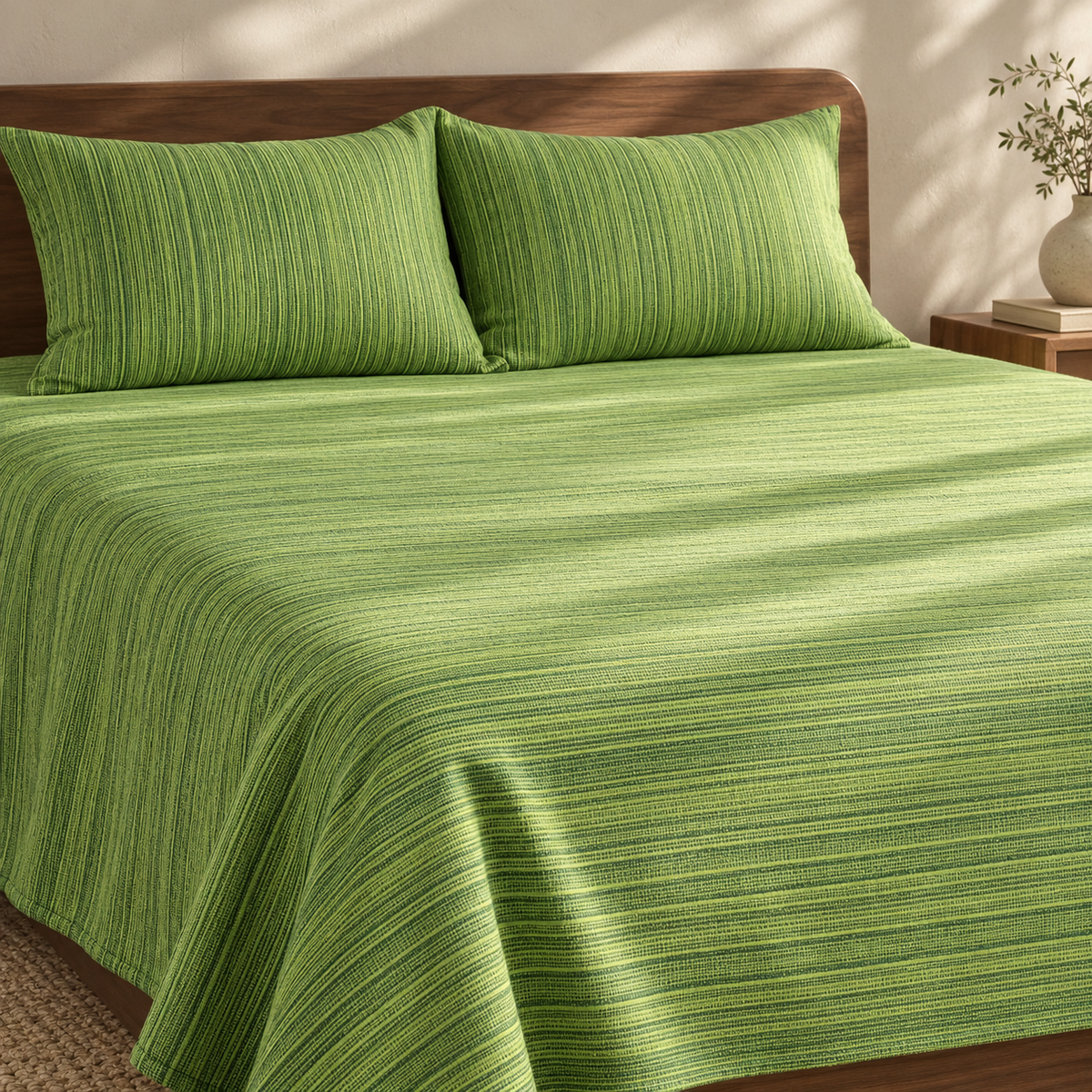 Chennimalai King Size Bedspread Green Textured with matching pillow covers, square bedroom photograph