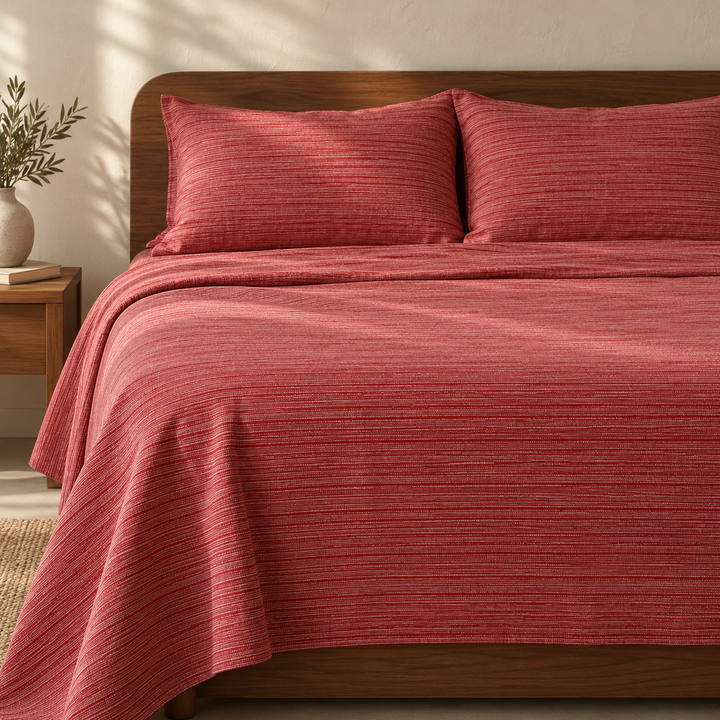Chennimalai King Size Bedspread Rustic Rose Textured with matching pillow covers, square bedroom photograph