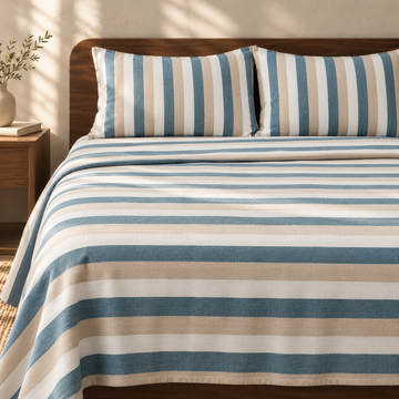 Chennimalai King Size Bedspread -Soft Teal Stripe with matching pillow covers, square bedroom photograph