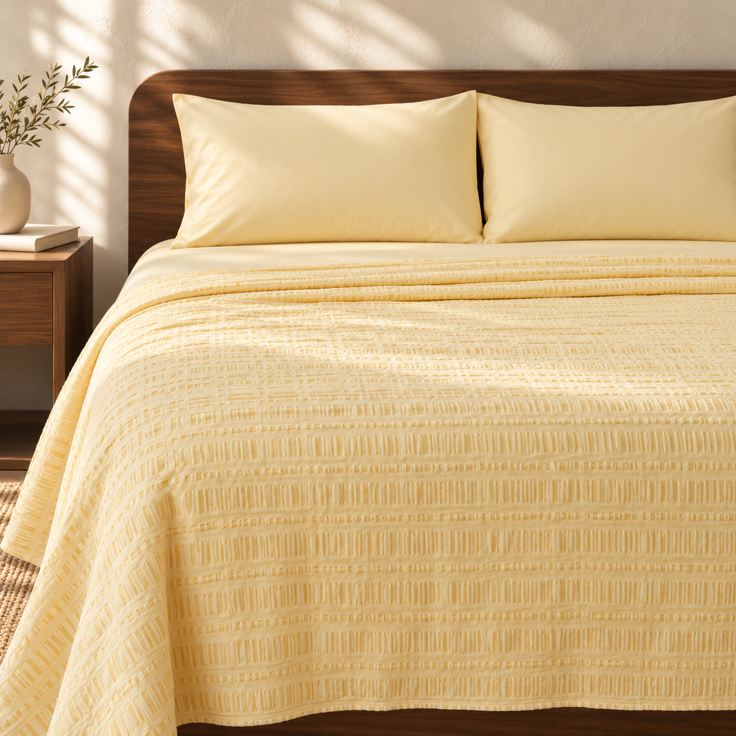 Premium handloom stripe emboss Chennimalai King Size Bedspread - Cream with matching pillow covers, square bedroom photograph