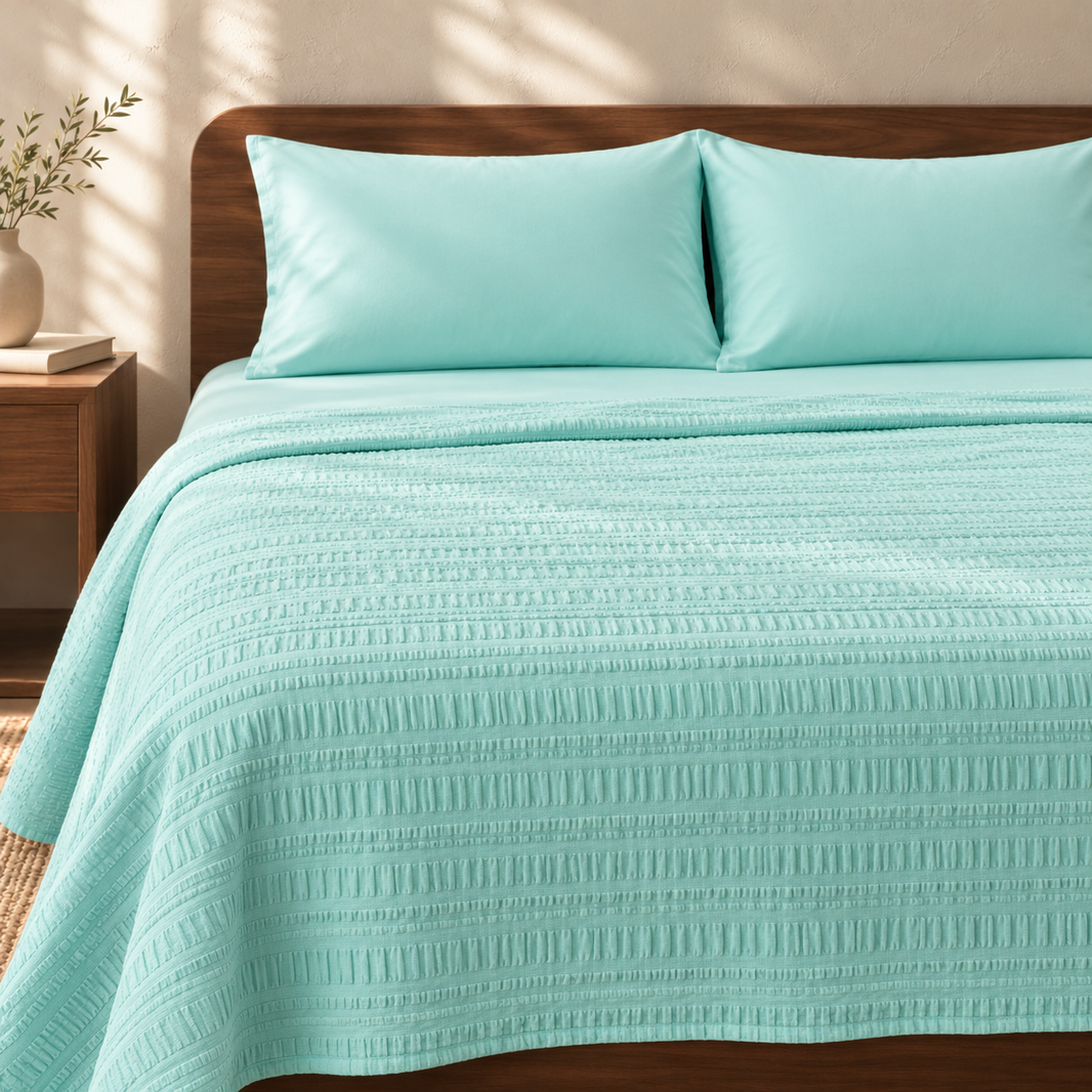 Premium handloom stripe emboss Chennimalai King Size Bedspread -  Light Sky Blue with matching pillow covers, square bedroom photograph