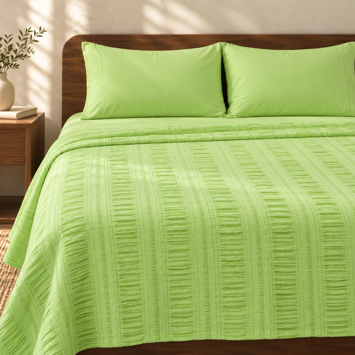 Premium handloom stripe emboss Chennimalai King Size Bedspread - Pista green with matching pillow covers, square bedroom photograph