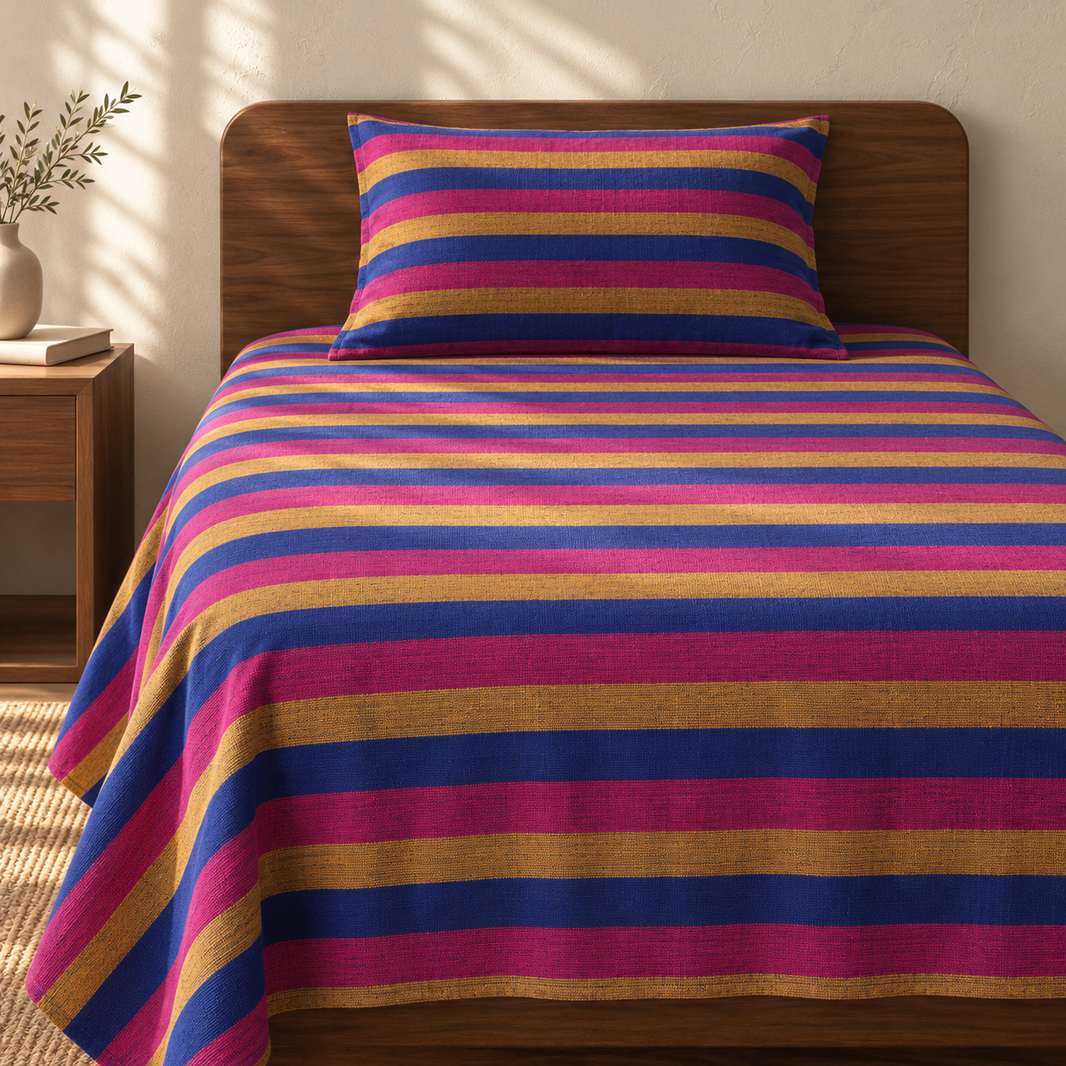 Chennimalai Single Cot Bedspread Classic Blue & Pink with matching pillow covers, square bedroom photograph