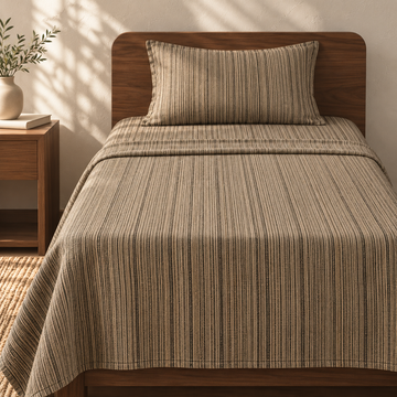 Chennimalai Single Cot Bedspread Coffee Brown Texture with matching pillow covers, square bedroom photograph
