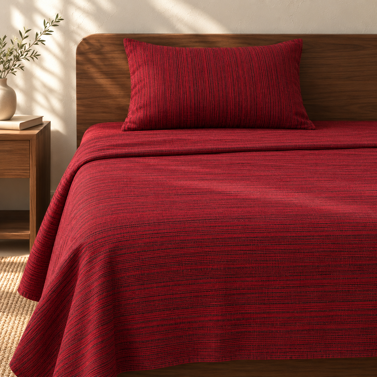Chennimalai Single Cot Bedspread Maroon Textured with matching pillow covers, square bedroom photograph
