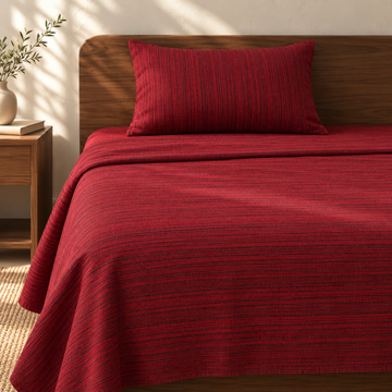 Chennimalai Single Cot Bedspread Maroon Textured with matching pillow covers, square bedroom photograph