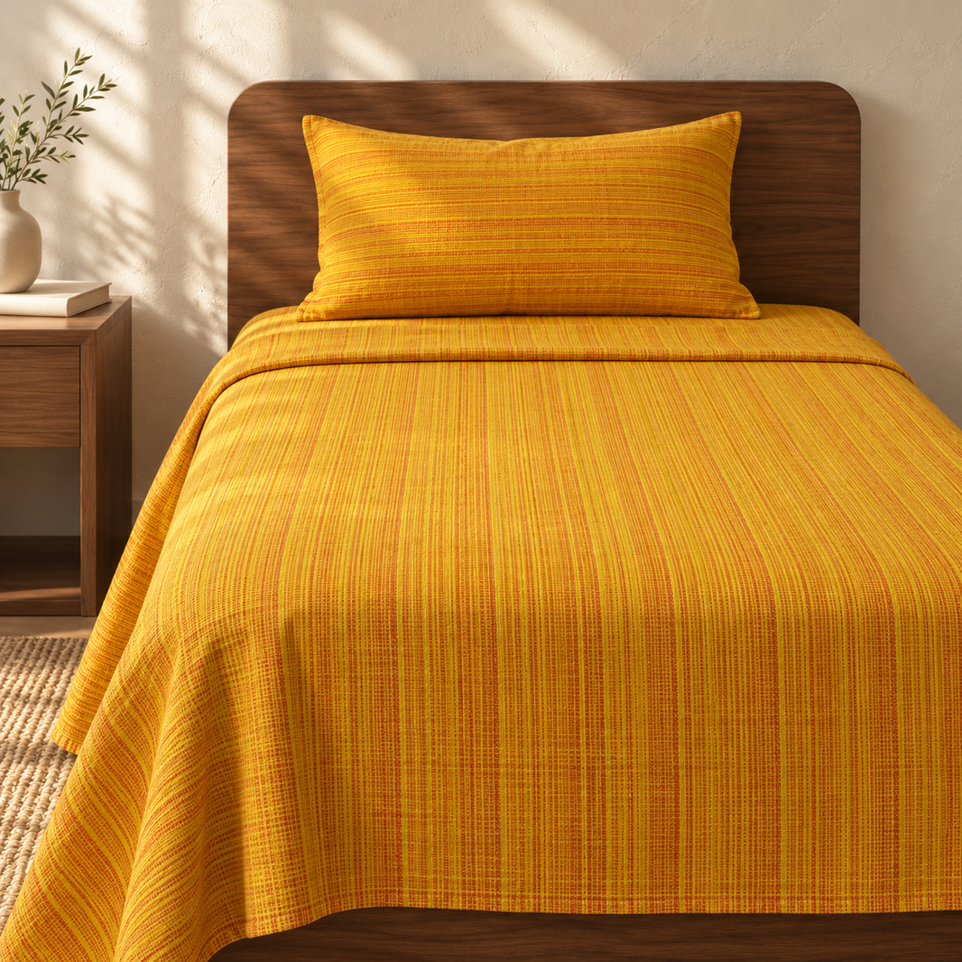 Chennimalai Single Cot Bedspread Mustard Yellow Textured with matching pillow covers, square bedroom photograph