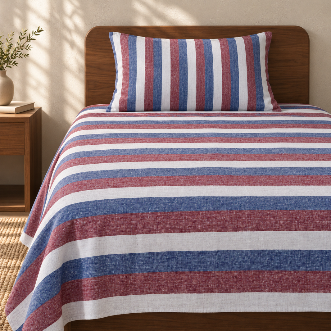Chennimalai Single Cot Bedspread Red and Blue with matching pillow covers, square bedroom photograph