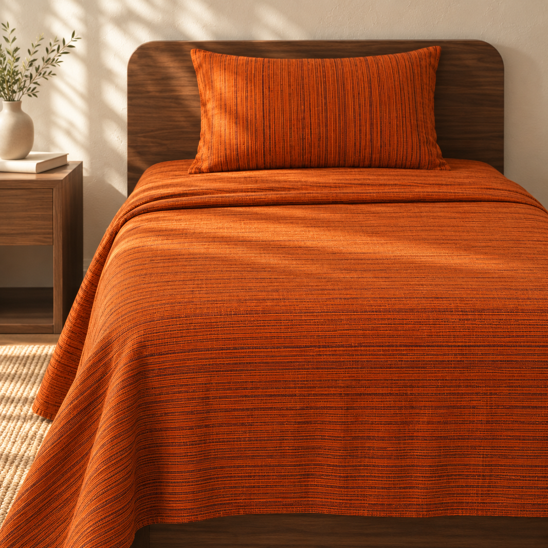 Chennimalai Single Cot Bedspread Rustic Orange Textured with matching pillow covers, square bedroom photograph