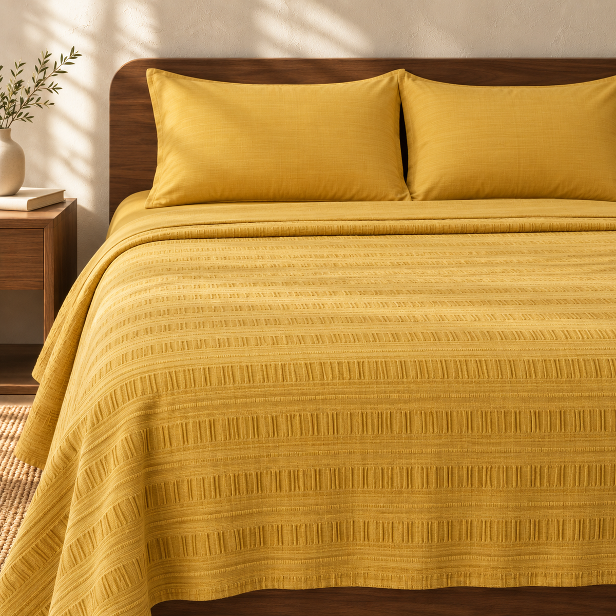 Premium handloom stripe emboss Chennimalai King Size Bedspread - Mustard with matching pillow covers, square bedroom photograph