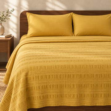 Premium handloom stripe emboss Chennimalai King Size Bedspread - Mustard with matching pillow covers, square bedroom photograph