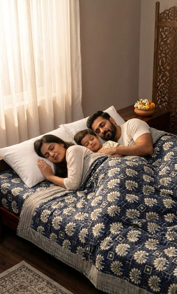 Jacquard Double Cot Bedsheet - Royal Indigo Bloom