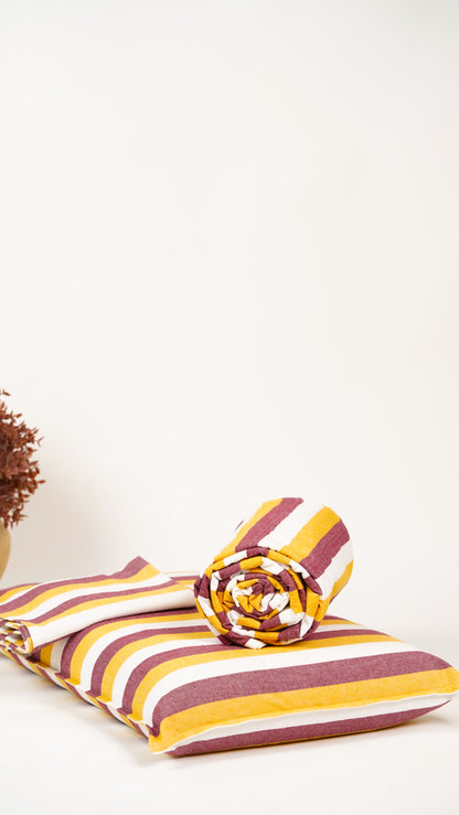 Chennimalai Double Cot Bedsheet Mustard and Maroon stripes on a white background