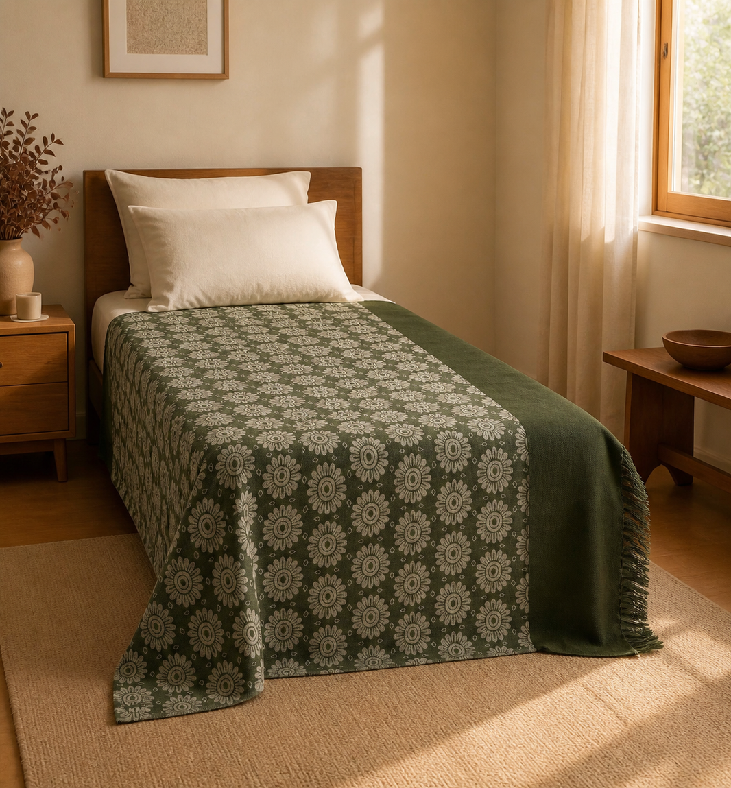Evergreen Bloom Lovely Chennimalai Bedsheet — Warm-room styling view