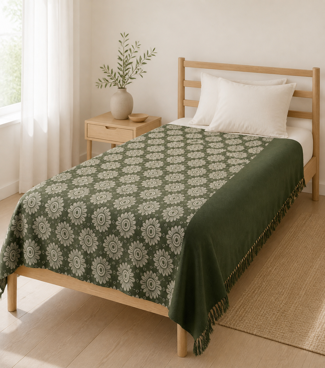 Evergreen Bloom Lovely Chennimalai Bedsheet — Bright-room styling view