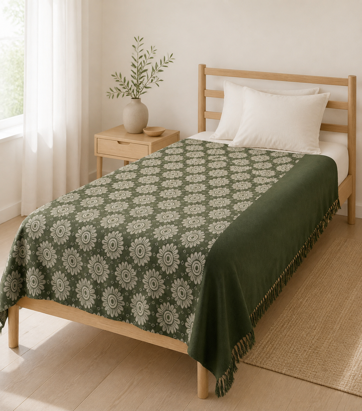 Evergreen Bloom Lovely Chennimalai Bedsheet — Bright-room styling view