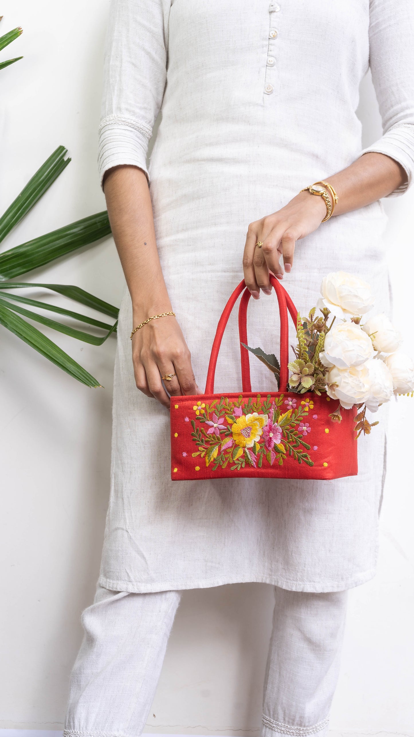 Red Hamper Bag With Flowers - Extra Small