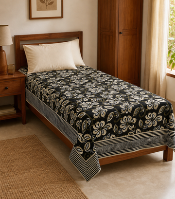 G. Raja Chennimalai Bed Sheet Ivory Vine Elegance — Warm-room styling view