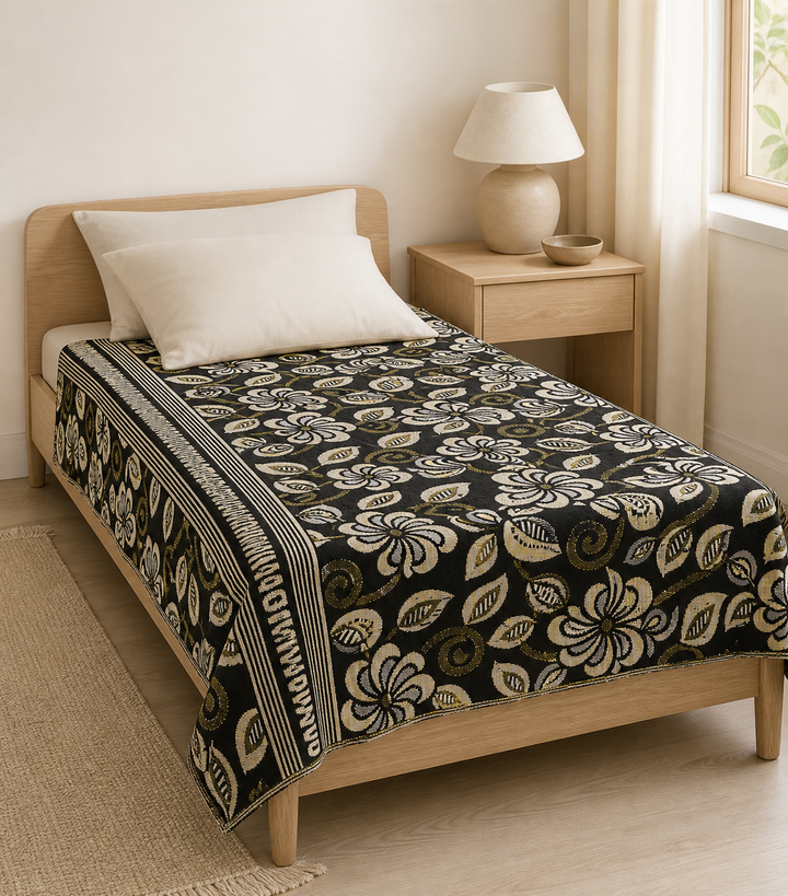 G. Raja Chennimalai Bed Sheet Ivory Vine Elegance — Bright-room styling view