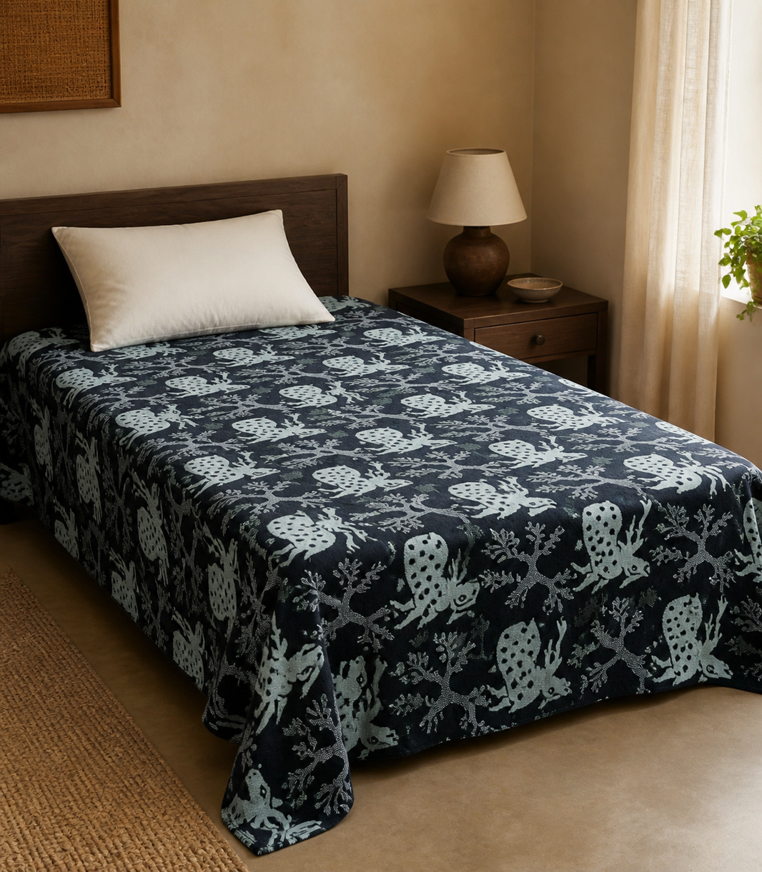 G. Raja Chennimalai Bedsheet Blue Deer — Warm-room styling view