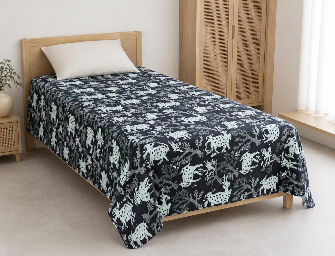 G. Raja Chennimalai Bedsheet Blue Deer — Bright-room styling view