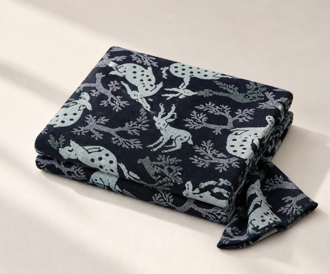 G. Raja Chennimalai Bedsheet Blue Deer — Folded catalogue view