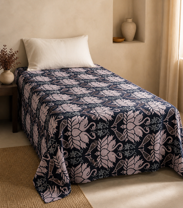 G. Raja Chennimalai Bedsheet Blue swan — Warm-room styling view