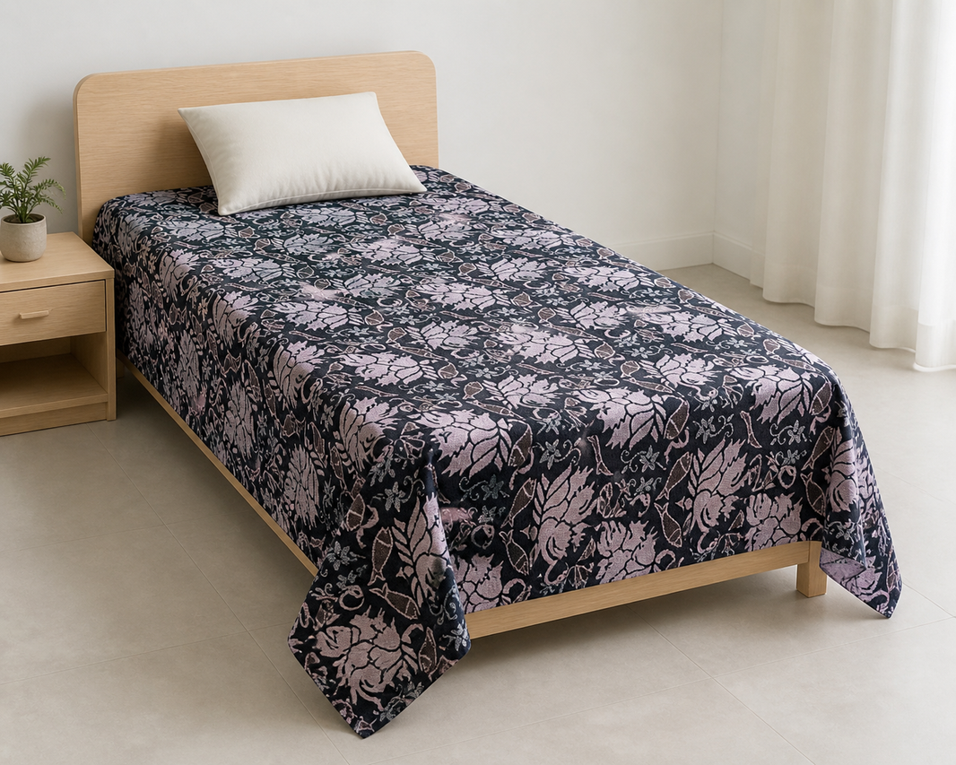 G. Raja Chennimalai Bedsheet Blue swan — Bright-room styling view